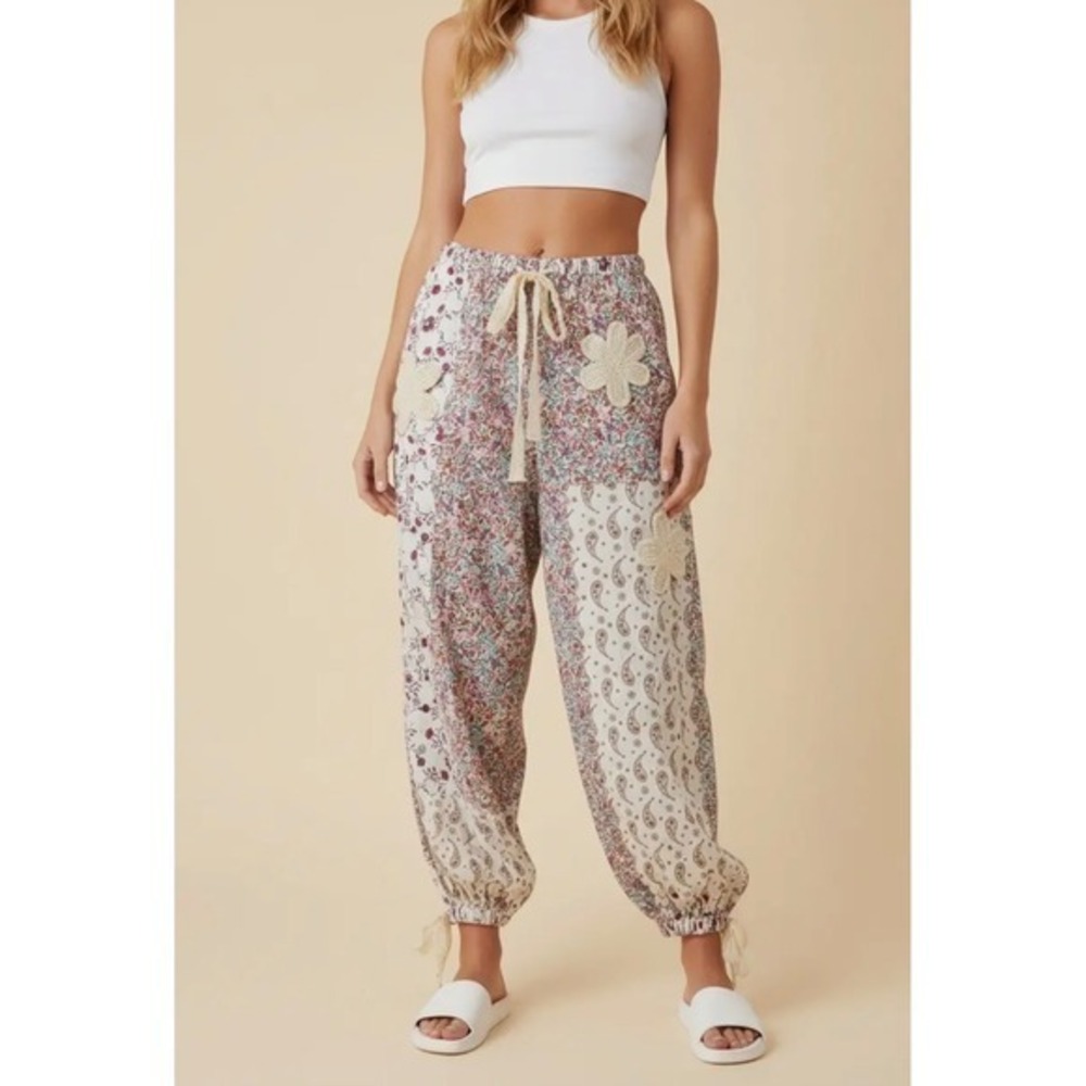 Heimish Floral Patchwork Joggers Boho Crochet Flower Applique Ribbon Tie Pants